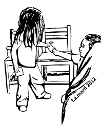 IMAGE: Black and white line drawing of two children playing.