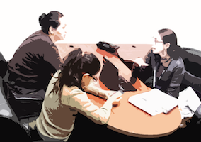 [IMAGE: Stylized image of a mother talking to a psychistrist while her daughter sits nearby. There is an iPad on the desk between them.]