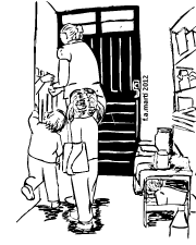 [IMAGE: Line drawing of a mother receiving payment from an unseen custmer. Two small children stand behind, watching.]